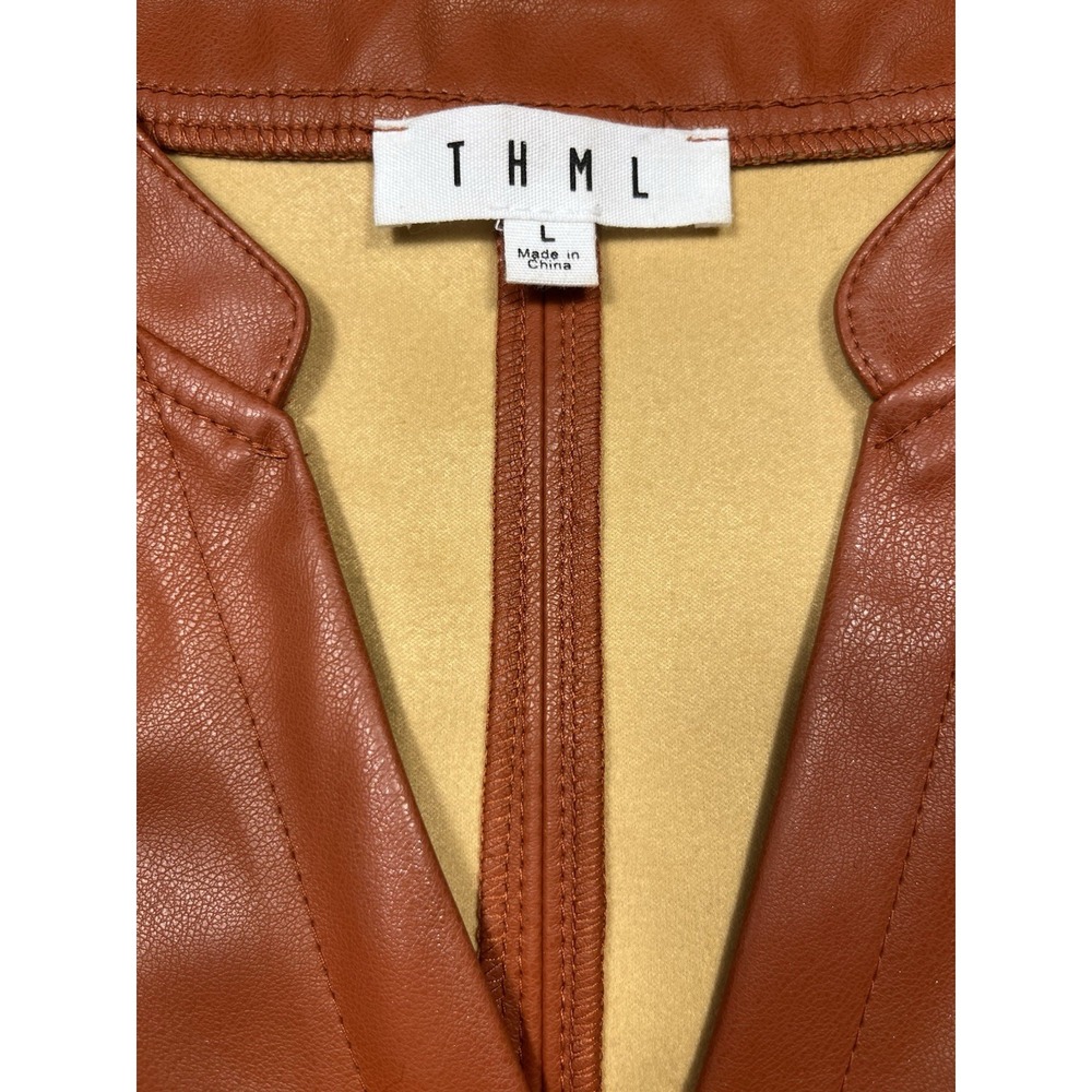 THML Faux Leather Top Womens Large Rust Brown Flutter Sleeve Boutique Chic - Picture 2 of 3
